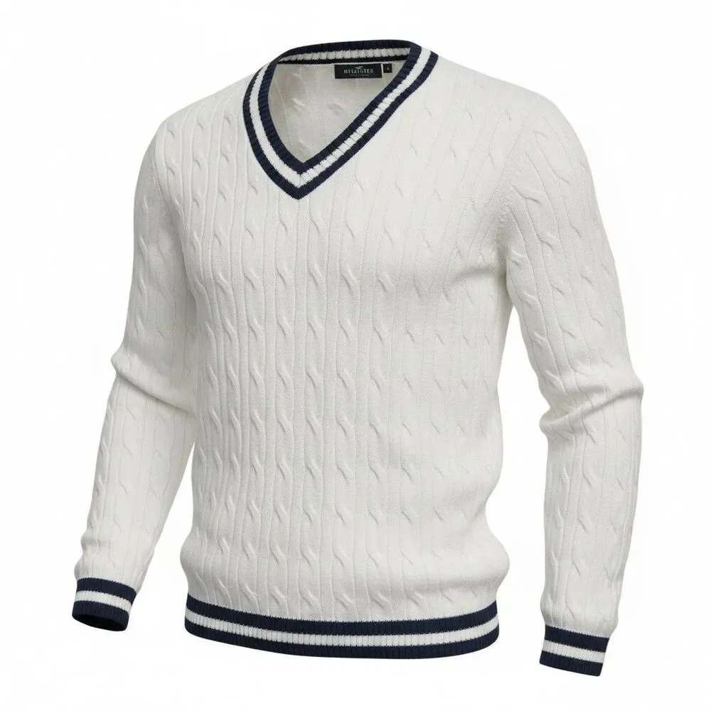 Hollister Tenniscore Preppy Cable Knit Cricket Sweater M Ivory V Neck Varsity